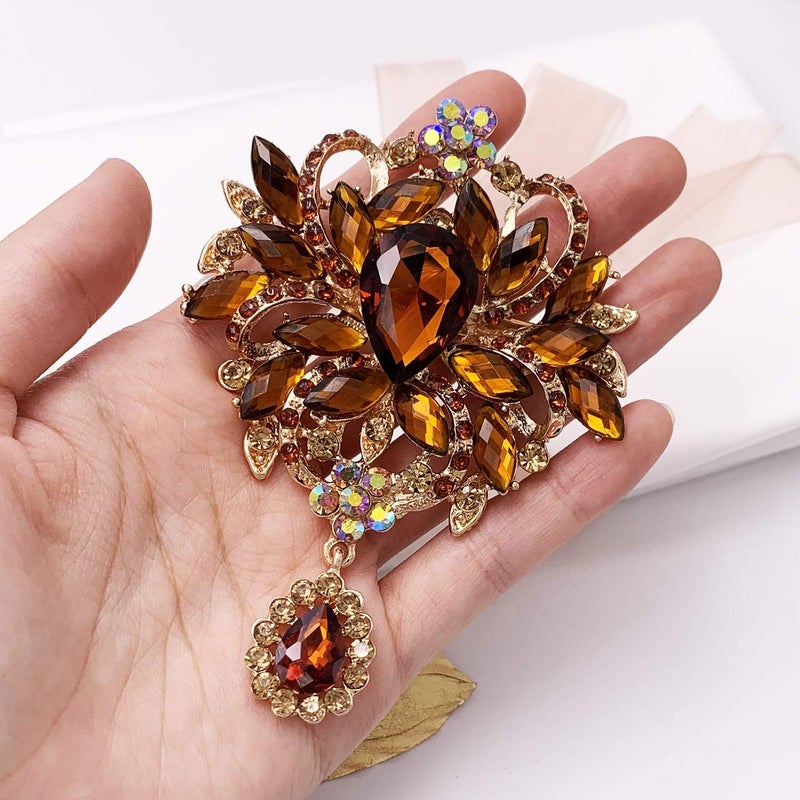 LAXPICOL Wedding Bridal Big Brown Crystal Rhinestone Bouquet Brooch Pin for Women Golden Tone - Image 4